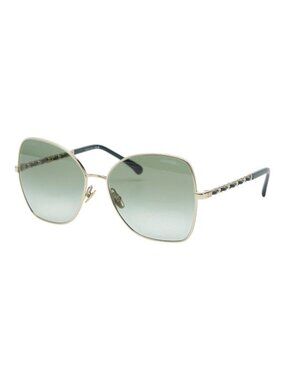 Chanel CC Logo Butterfly Sunglasses Green Gold Plated Leather Eyewear